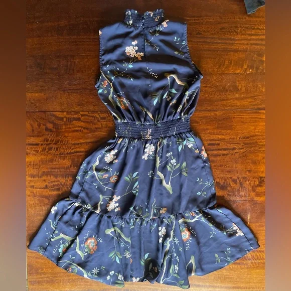 Nanette Lenore Floral Navy Shirred Waist Mock Neck Keyhole Button Tiered Dress - Picture 7 of 10